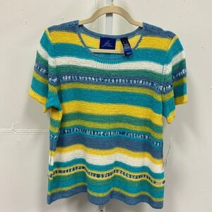 NWT JH Collectibles Striped Knit Sweater Short Sleeve Blue Yellow XL Boho Y2K